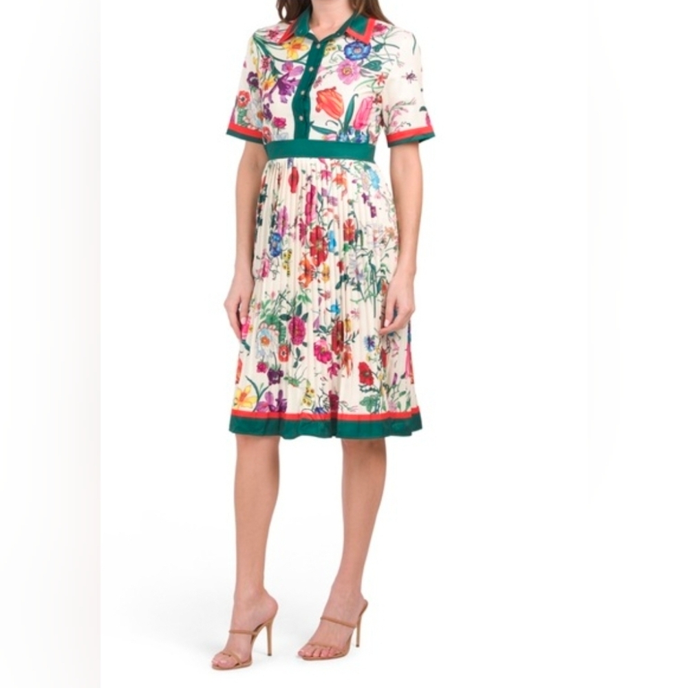 Dalia Macphee Vibrant Floral Shirt Dress with Green/Red Trim